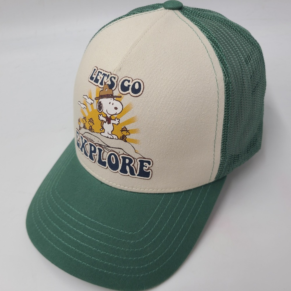 Snoopy Hat Snapback Trucker Mesh Peanuts Green Beige Lets Go Explore Hiking Men